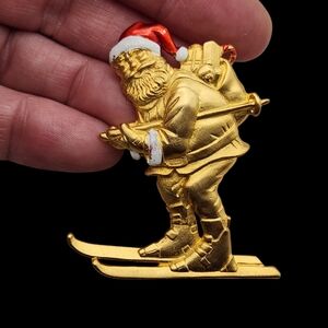 JJ Gold Santa Claus Skiing Brooch